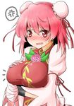  bandaged_arm bandages breast_hold breasts commentary_request highres ibaraki_kasen juliet_sleeves large_breasts long_sleeves looking_at_viewer oshiaki parted_lips pink_eyes pink_hair puffy_sleeves short_hair solo touhou wristband 