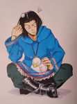  absurdres animal animal_on_lap aoi_saturday bird black_hair black_pants duck facial_hair highres indian_style jewelry mahoujin_guruguru male_focus marker_(medium) necklace pants sitting sly_(mahoujin_guruguru) stubble sweatdrop traditional_media 