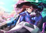  blurry blurry_background bodysuit breasts brown_eyes brown_hair cherry_blossoms chinchongcha closed_mouth clothes_writing d.va_(overwatch) day deviantart_username facepaint facial_mark gloves headphones headphones_around_neck highres interface long_hair looking_at_viewer mecha medium_breasts meka_(overwatch) overwatch pilot_suit ribbed_bodysuit shoulder_pads sitting smile solo whisker_markings white_gloves 