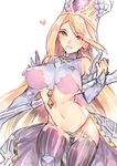  ass_visible_through_thighs bad_id bad_pixiv_id blonde_hair breasts detached_sleeves eris_(shadowverse) hat large_breasts long_hair navel red_eyes shadowverse sleeveless solo thighhighs yamada_(dsjv4823) 