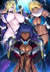  3girls aoi_nagisa_(metalder) aqua_eyes areolae armor axe black_panties blonde_hair boots breasts cape capelet curvy dark_elf dark_skin delva_celebrian elbow_gloves elda_ballad elf erect_nipples female fur_trim gloves gluteal_fold gradient_hair hair_between_eyes highres holding holding_staff huge_breasts long_hair looking_at_viewer misery_stentrem multicolored_hair multiple_girls navel nipples official_art pointy_ears puffy_nipples purple_hair red_eyes revealing_clothes serious shiny shiny_skin short_hair sling_bikini solo staff strap_gap sword tan thighhighs thong underwear very_long_hair weapon youkoso!_sukebe_elf_no_mori_he 