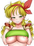  blonde_hair breasts curly_hair dragon_ball dragon_ball_(classic) fingerless_gloves gloves green_eyes hair_ribbon large_breasts long_hair looking_at_viewer lunch_(dragon_ball) nipples parted_lips puffy_nipples ribbon shirt_lift simple_background solo tank_top uncats white_background 