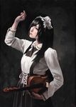  ascot black_background black_hair brown_hair cowboy_shot hairband hand_up highres holding imai_takahiro instrument lips lolita_hairband oil_painting_(medium) original pale_skin signature simple_background skirt solo suspender_skirt suspenders texture traditional_media violin 