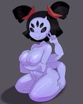  6_arms anthro arachnid arthropod big_breasts black_hair breasts digital_media_(artwork) fangs female hair hand_on_butt looking_at_viewer muffet multi_arm multi_eye multi_limb nipples not_furry peace_sign_(disambiguation) purple_skin simple_background sitting solo somescrub spider thick_thighs undertale video_games wide_hips 
