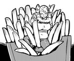  :t akairiot belly breasts closed_eyes commentary eating elf elf-san_wa_yaserarenai. erufuda-san food food_on_face french_fries greyscale large_breasts monochrome plump pointy_ears shirt t-shirt 