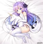  :o absurdres azur_lane bangs bed_sheet blue_eyes blue_hair blunt_bangs blush commentary_request dress elbow_gloves eyebrows_visible_through_hair full_body gloves gradient_hair highres long_hair looking_at_viewer lying multicolored_hair object_hug on_side open_mouth panties purple_hair rangen side-tie_panties side_bun sidelocks solo stuffed_unicorn thighhighs thighs twitter_username underwear unicorn_(azur_lane) wavy_hair white_dress white_gloves white_legwear white_panties 
