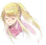 bangs blonde_hair closed_eyes eyebrows_visible_through_hair floating_hair fullmetal_alchemist long_hair lowres pink_scarf ponytail riru scarf simple_background smile solo white_background winry_rockbell 