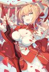  :3 :d aestus_estus bangs braid breasts commentary dress eyebrows_visible_through_hair fate/extra fate_(series) french_braid green_eyes hair_between_eyes hair_intakes hair_ribbon highres large_breasts litsvn looking_at_viewer nero_claudius_(fate) nero_claudius_(fate)_(all) open_mouth outdoors petals red_dress red_ribbon ribbon sidelocks smile solo tsurime 
