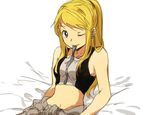  ;) bare_arms bare_shoulders bed bed_sheet blonde_hair blue_eyes earrings eyebrows_visible_through_hair fullmetal_alchemist jewelry long_hair looking_at_viewer lying one_eye_closed ponytail riru simple_background smile solo tank_top white_background winry_rockbell zipper 