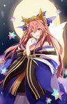  animal_ears bell blush breasts cleavage fate/extra fate/grand_order fate_(series) fox_ears fox_tail full_moon hair_ribbon highres k-rumi large_breasts long_hair moon multiple_tails night night_sky open_mouth pink_hair ribbon saint_quartz sky solo tail tamamo_(fate)_(all) tamamo_no_mae_(fate) yellow_eyes 