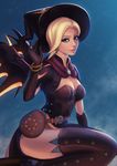  alternate_costume blonde_hair blue_eyes breasts earrings elbow_gloves gloves halloween hat jack-o'-lantern jack-o'-lantern_earrings jewelry medium_breasts mercy_(overwatch) overwatch solo thighhighs umigraphics wings witch witch_hat witch_mercy 