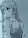  bare_arms bare_shoulders earrings expressionless eyebrows_visible_through_hair fullmetal_alchemist jewelry long_hair looking_away lowres monochrome riru simple_background solo winry_rockbell 