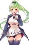  azur_lane bangs blue_bow blue_legwear blunt_bangs blush bow breasts brown_eyes byte_(allbyte) cleavage coat coattails collared_shirt commentary_request cowboy_shot floating_hair gloves green_hair hair_bow hand_up highres large_breasts long_hair long_sleeves looking_at_viewer miniskirt neck_ribbon open_clothes open_coat open_mouth pleated_skirt ponytail ribbon shirt shropshire_(azur_lane) sidelocks simple_background skirt smile solo thigh_gap thighhighs thighs tsurime uniform very_long_hair white_background white_gloves white_shirt 