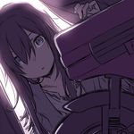  backlighting bangs curtains ground_vehicle hair_between_eyes hand_up kino_no_tabi kuroboshi_kouhaku long_hair looking_at_viewer monochrome motocompo motor_vehicle motorcycle parted_lips photo_(kino_no_tabi) purple sidelocks solo sou_(kino_no_tabi) tsurime 