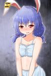  animal_ears bare_shoulders bloomers blue_bloomers blue_bra blue_hair bra bunny_ears collarbone commentary_request crying crying_with_eyes_open highres medium_hair midriff oshiaki parted_lips rain red_eyes seiran_(touhou) solo tearing_up tears touhou underwear 