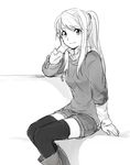  bangs boots earrings eyebrows_visible_through_hair fullmetal_alchemist greyscale hand_on_own_cheek jewelry long_hair long_sleeves looking_at_viewer monochrome ponytail riru shorts simple_background sitting smile solo thighhighs white_background winry_rockbell 