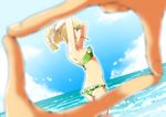  adjusting_hair armpits arms_behind_head bangle bare_shoulders bracelet braid breasts chimaki_(impressiveanarchy) day dutch_angle finger_frame green_eyes green_hair hair_ornament hairpin horizon jewelry long_hair looking_at_viewer mouth_hold multi-tied_hair ocean outdoors ponytail pov_finger_frame profile saga saga_frontier_2 sideboob small_breasts solo_focus swimsuit virginia_knights 