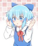  :o blue_bow blue_eyes blue_hair blue_vest blush bow child cirno collared_shirt hair_between_eyes hair_bow hands_up highres long_sleeves neck_ribbon no_wings ochazuke parted_lips red_ribbon ribbon shirt short_hair solo sweatdrop touhou two_side_up upper_body vest white_shirt 