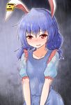  animal_ears blue_dress blue_hair bunny_ears commentary_request crying crying_with_eyes_open dress highres medium_hair oshiaki parted_lips puffy_short_sleeves puffy_sleeves rain red_eyes seiran_(touhou) short_sleeves solo tearing_up tears touhou 