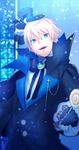  aqua_eyes arthur_pendragon_(fate) blonde_hair bow bowtie candy commentary fangs fate/grand_order fate/prototype fate_(series) food halloween halloween_costume hat highres lollipop looking_at_viewer male_focus mini_hat mini_top_hat seseragi_azuma smile solo top_hat vampire 