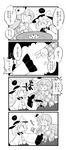  4koma :&gt; bangs bow bowtie comic commentary cookie emphasis_lines food fox_mask furukawa_(yomawari) greyscale hat hat_ribbon hata_no_kokoro highres holding holding_knife knife komeiji_koishi long_hair long_sleeves mask monochrome multiple_girls plate pointing ribbon rock_paper_scissors skirt sleeves_past_wrists smile third_eye touhou translated 