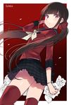  2017 black_skirt blush bracelet brown_hair danganronpa dated dutch_angle floating_hair flower from_below hair_ornament hair_scrunchie hand_in_hair harukawa_maki highres jewelry long_hair looking_at_viewer miniskirt mole mole_under_eye neck_ribbon new_danganronpa_v3 panties panty_peek parted_lips petals pleated_skirt red_eyes red_legwear red_scrunchie red_serafuku red_shirt ribbon scrunchie shirt side-tie_panties skirt solo standing thighhighs twintails underwear very_long_hair white_flower white_panties white_ribbon yuuma_(yuma1111) 