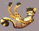  anthro barefoot black_hair black_pawpads cheetah clothed clothing digital_media_(artwork) eyes_closed feline fur grey_background hair male mammal pawpads poisoned_(artist) simple_background smile solo spots spotted_fur topless yellow_fur 