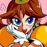  1girl :d blue_eyes blush brown_hair chin_rest crown earrings ears eyebrows_visible_through_hair eyelashes gloves gradient_eyes lace-trimmed_sleeves mario_(series) nintendo pink_background princess_daisy puffy_sleeves sharp_teeth simple_background smile solo super_mario_land yellow_dress 