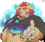  2017 anthro armor blush body_hair cape chernobog clothed clothing demon facial_hair handwraps horn kemono male musclegut muscular muscular_male overweight overweight_male tokyo_afterschool_summoners きしぐま 