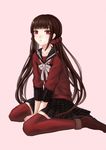  between_legs black_skirt brown_hair collarbone commentary_request danganronpa eyebrows_visible_through_hair grey_ribbon hair_ornament hair_scrunchie hand_between_legs harukawa_maki highres long_hair miniskirt mole mole_under_eye neck_ribbon new_danganronpa_v3 pink_background pleated_skirt red_eyes red_legwear red_scrunchie red_serafuku red_shirt ribbon scrunchie shirt simple_background skirt solo thighhighs very_long_hair youzora zettai_ryouiki 