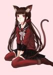  animal_ears between_legs black_skirt brown_hair cat_ears cat_tail collarbone danganronpa eyebrows_visible_through_hair grey_ribbon hair_ornament hair_scrunchie hand_between_legs harukawa_maki highres long_hair miniskirt mole mole_under_eye neck_ribbon new_danganronpa_v3 pink_background pleated_skirt red_eyes red_legwear red_scrunchie red_serafuku red_shirt ribbon scrunchie shirt simple_background skirt solo tail thighhighs very_long_hair youzora zettai_ryouiki 