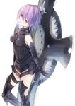  armor armored_dress bare_shoulders black_armor black_legwear breasts commentary_request cowboy_shot elbow_gloves fate/grand_order fate_(series) gloves highres keid lavender_hair looking_at_viewer mash_kyrielight parted_lips purple_eyes shield short_hair small_breasts solo 