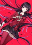  black_hair black_skirt collarbone danganronpa dutch_angle eyebrows_visible_through_hair floating_hair flywinga7 grey_ribbon hair_ornament hair_scrunchie harukawa_maki long_hair looking_at_viewer miniskirt neck_ribbon new_danganronpa_v3 pleated_skirt red_background red_eyes red_legwear red_scrunchie red_serafuku red_shirt ribbon scrunchie shirt simple_background skirt solo standing thighhighs twintails very_long_hair zettai_ryouiki 