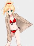  bangs bikini blonde_hair blush brown_jacket cowboy_shot eyebrows_visible_through_hair fate/grand_order fate_(series) green_eyes grin hair_ornament hair_scrunchie ica jacket long_hair long_sleeves looking_at_viewer mordred_(fate)_(all) mordred_(swimsuit_rider)_(fate) navel ponytail red_bikini red_scrunchie scrunchie smile solo standing swimsuit twitter_username v-shaped_eyebrows 