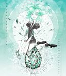  amputee androgynous artist_name black_neckwear black_shorts broken character_name eri_na gem_uniform_(houseki_no_kuni) green_eyes green_hair houseki_no_kuni necktie phosphophyllite severed_arm severed_limb shards shirt short_hair short_sleeves shorts smile solo sparkle uniform 