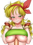  1girl :&gt; blonde_hair blush breasts censored curly_hair dragon_ball dragon_ball_(classic) fingerless_gloves gloves green_eyes hair_ribbon hetero large_breasts long_hair looking_at_viewer lunch_(dragon_ball) mosaic_censoring nipples paizuri penis puffy_nipples ribbon shirt_lift simple_background smile solo_focus tank_top uncats white_background 