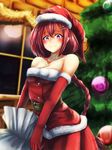  bare_shoulders belt blush breasts christmas_tree cleavage gift gloves hair_ornament hat long_braid looking_at_viewer merry_christmas okazaki_yumemi red_hair santa_costume santa_hat skirt smile teruteru12 touhou touhou_(pc-98) window 