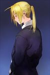  blonde_hair blue_background closed_eyes coat edward_elric eyebrows_visible_through_hair facing_away formal fullmetal_alchemist hand_in_pocket long_hair male_focus ponytail profile riru simple_background smile standing upper_body 