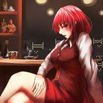  alcohol ashtray blush breasts building cigarette crossed_legs hand_on_own_leg large_breasts legs long_hair looking_at_viewer okazaki_yumemi red_eyes red_hair shirt sitting skirt teruteru12 touhou touhou_(pc-98) vest window 