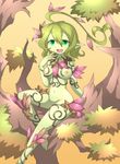  2016 amauchi breasts female flora_fauna green_eyes green_hair green_skin hair leaf looking_at_viewer monster_girl monster_girl_(genre) monster_girl_quest mostly_nude nipples open_mouth outside plant sitting sky solo tree video_games wood 