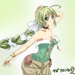  bare_shoulders blush braid breasts cleavage collarbone green_eyes green_hair long_hair looking_at_viewer medium_breasts multi-tied_hair nayuta_(bamiras1105) ponytail ribbon saga saga_frontier_2 shorts smile solo virginia_knights 