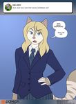  2017 anthro blonde_hair blue_eyes breasts cat clothing conditional_dnp dialogue feline female hair hand_on_hip kadath looking_at_viewer mammal necktie riley_(kadath) school_uniform simple_background solo text the_truth uniform 