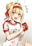  ahoge bad_id bad_pixiv_id bangs blonde_hair blurry blush commentary depth_of_field eyebrows_visible_through_hair fate/grand_order fate_(series) food gradient gradient_background green_eyes gym_shirt gym_uniform hair_intakes hands_up highres holding konka looking_at_viewer name_tag nero_claudius_(fate) nero_claudius_(fate)_(all) olympian_bloomers open_mouth out_of_frame pocky pocky_day pov red_headband shirt sidelocks smile solo_focus 