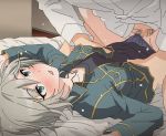  1boy 1girl anastasia_(idolmaster) bed blue_eyes blue_pants blush censored clothed_sex grey_hair idolmaster idolmaster_cinderella_girls jacket no_pants panties panties_aside pants pussy sex solo_focus tagme tomu_(tomubobu) underwear vaginal waist_grab 