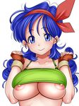  :&gt; blue_eyes blue_hair breasts commentary_request curly_hair dragon_ball dragon_ball_(classic) eyelashes fingerless_gloves gloves hair_ribbon large_breasts long_hair looking_at_viewer lunch_(dragon_ball) nipples puffy_nipples ribbon shirt_lift simple_background smile solo tank_top uncats white_background 
