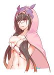  black_hair blush breasts cloak eiri_(eirri) fate/grand_order fate_(series) glasses hairband hood hooded_cloak large_breasts long_hair looking_at_viewer low_twintails naked_cloak osakabe-hime_(fate/grand_order) purple_eyes simple_background solo twintails upper_body very_long_hair white_background 