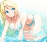  all_fours ayase_eli bikini blonde_hair blue_eyes breasts cleavage frilled_bikini frills hair_down long_hair love_live! love_live!_school_idol_project medium_breasts partially_submerged sakasa_(guranyto) side-tie_bikini solo swimsuit water wet 