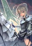  &gt;:( ahoge armor artoria_pendragon_(all) artoria_pendragon_(lancer) blonde_hair cape closed_mouth commentary dun_stallion fate/grand_order fate_(series) fur_trim gauntlets green_eyes hair_between_eyes holding holding_weapon looking_at_viewer rhongomyniad ryuinu sidelocks solo v-shaped_eyebrows weapon 