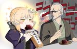  2boys archer artoria_pendragon_(all) black_bow blonde_hair blush_stickers bow commentary_request dark_skin eating facial_hair fate/grand_order fate_(series) food frown grey_hair hair_bow haori japanese_clothes juliet_sleeves long_sleeves multiple_boys open_mouth puffy_sleeves saber_alter shaded_face sparkle sweat tadabone translated wagashi white_hair yagyuu_munenori_(fate/grand_order) youkan_(food) 