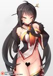  ahoge ara_han arm_up asymmetrical_hair bangs black_gloves black_hair black_legwear blush breasts censored clothes_lift commentary_request cowboy_shot elbow_gloves elsword eyebrows_visible_through_hair finger_to_mouth gloves grin heart heart_censor index_finger_raised large_breasts long_hair looking_at_viewer md5_mismatch parted_lips shushing single_thighhigh smile solo teeth thighhighs tsurime very_long_hair waero watermark web_address yama_raja_(elsword) yellow_eyes 